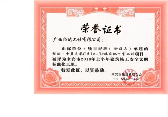 来宾市2018年上半年建筑施工安全文明标准化工地万搏-万搏（中国）
·金碧天誉C区1#-3#楼及地下室工程项目