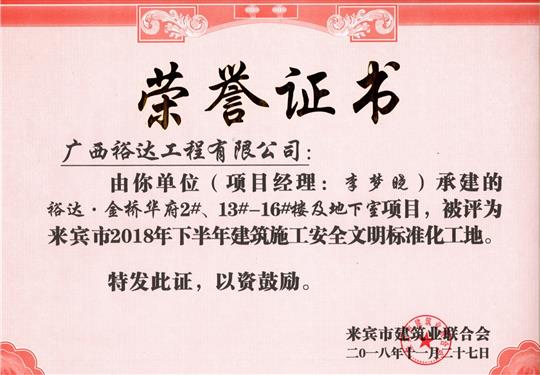 来宾市2018年下半年安全文明标准化工地（万搏-万搏（中国）
。金桥华府2#、13#-16#楼及地下室）